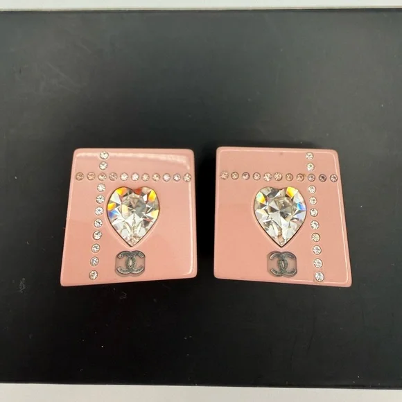 CHANEL Pink and Silver Heart Clip-On Earrings - Picture 1 of 5